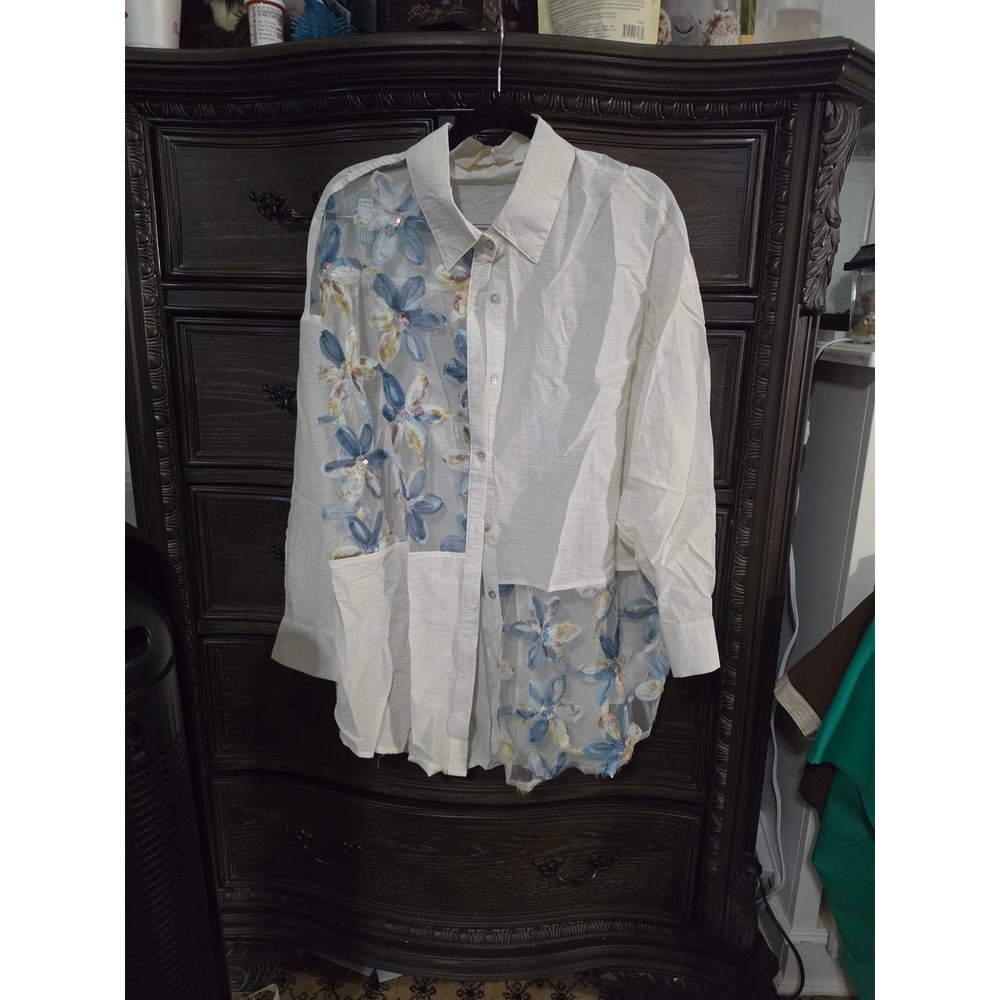 Lizette Collection Floral Embroidered Sheer Patchwork Shirt Cream Blue LC-A7219